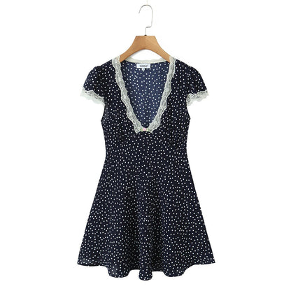 Damen Midikleid mit Polka Dot Muster – V Ausschnitt Taillengürtel Puffärmel