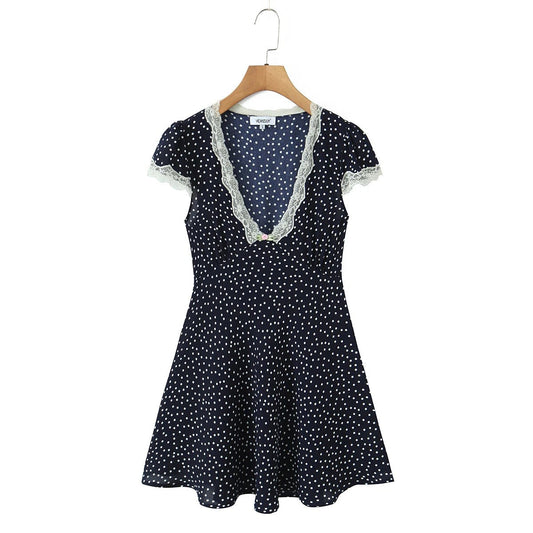 Damen Midikleid mit Polka Dot Muster – V Ausschnitt Taillengürtel Puffärmel
