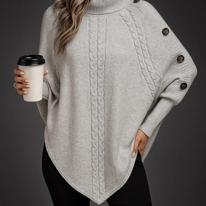 Women's Poncho with Turtleneck, Textured Knit, and Button Sleeves