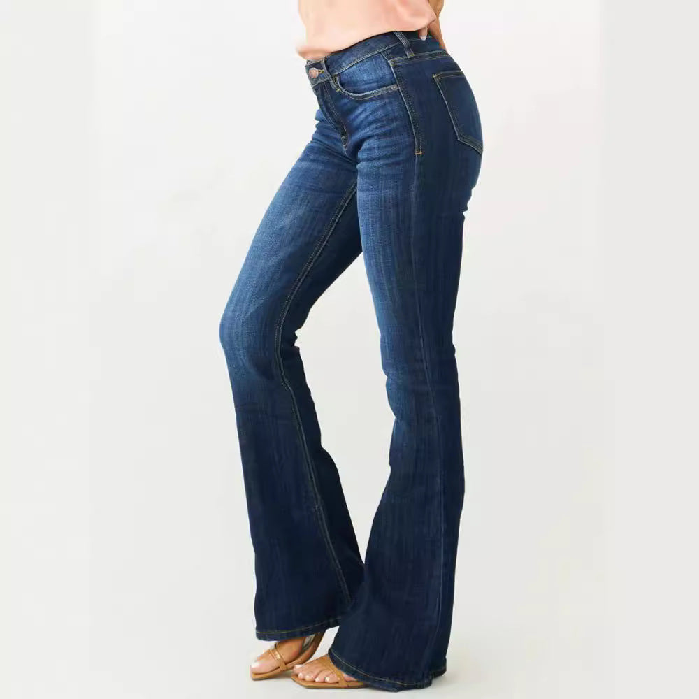 Women's flared jeans with mid-rise waist and fashionable bootcut design