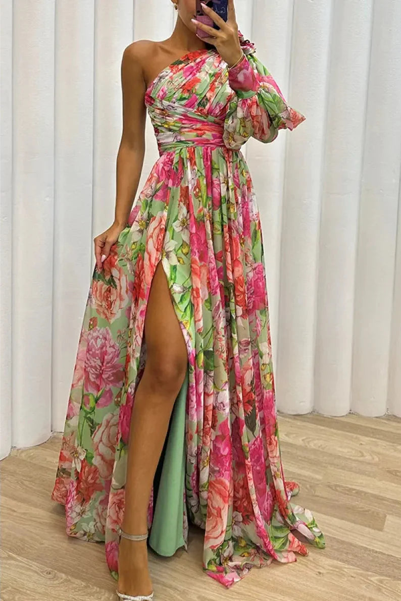 Damen Sommer Maxikleid One-Shoulder mit Blumendruck und Schlitz – Langarm Style