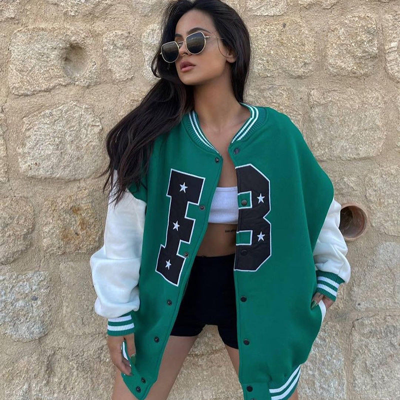 Damen Baseballjacke für den Herbst mit Stickerei und langen Ärmeln