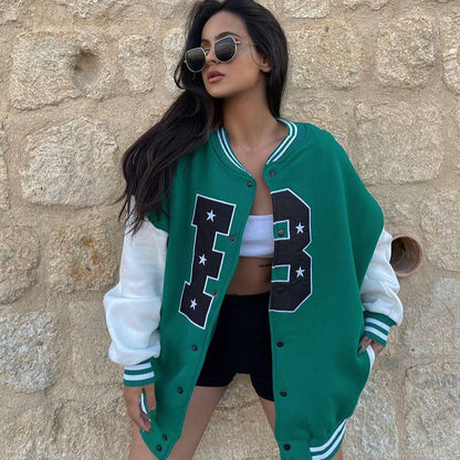 Damen Baseballjacke für den Herbst mit Stickerei und langen Ärmeln