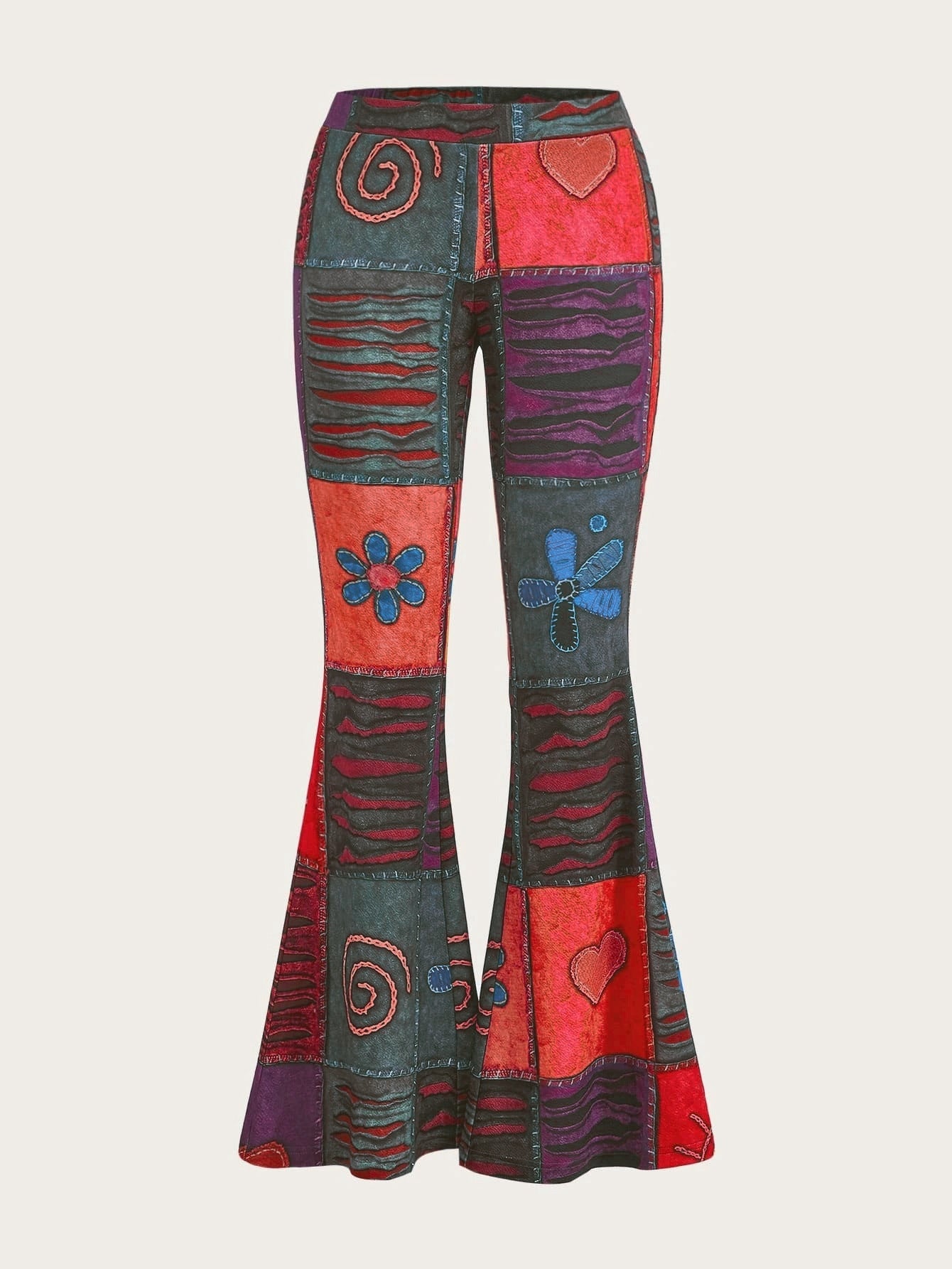 Women's bootcut trousers with print, abstract pattern, mid-rise waistband