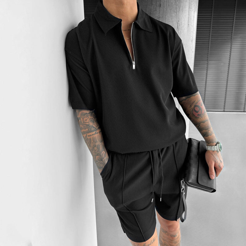 Men's Polo Shirt with Zipper, Drawstring Shorts, Two-Piece Set Made of Cotton Blend, Sporty Casual Outfit for Summer