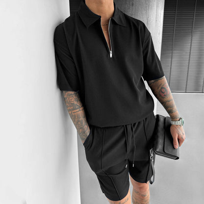 Men's Polo Shirt with Zipper, Drawstring Shorts, Two-Piece Set Made of Cotton Blend, Sporty Casual Outfit for Summer