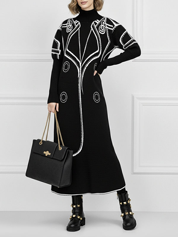 Women's Autumn Midi Dress with Half Stand Collar and Print Design