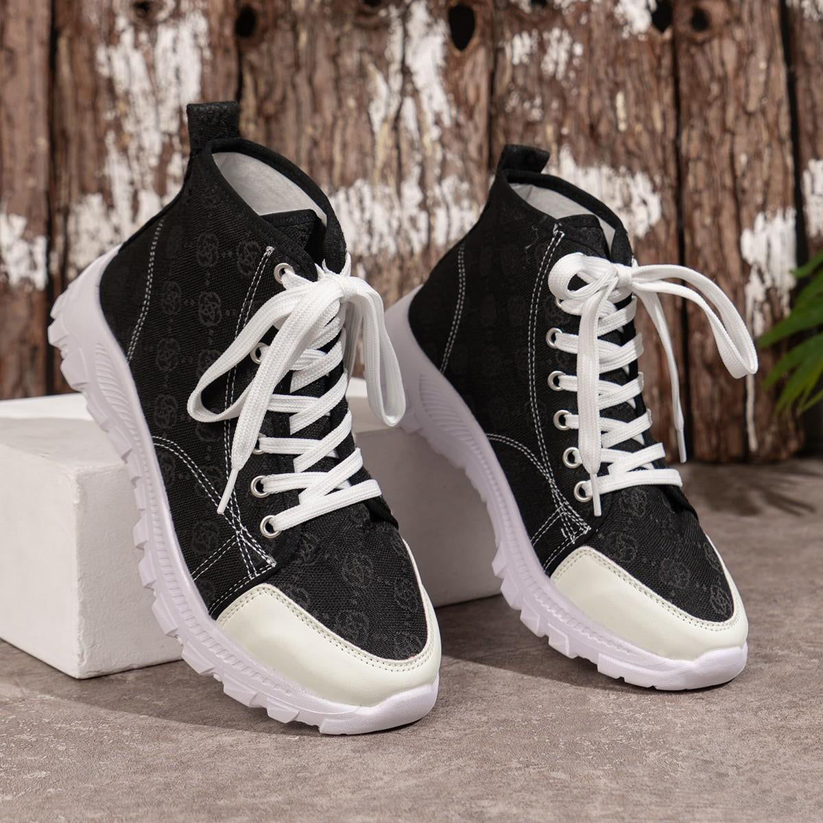 Damen Schnür Kurzstiefel mit runder Spitze und Rosenprint – Canvas Style