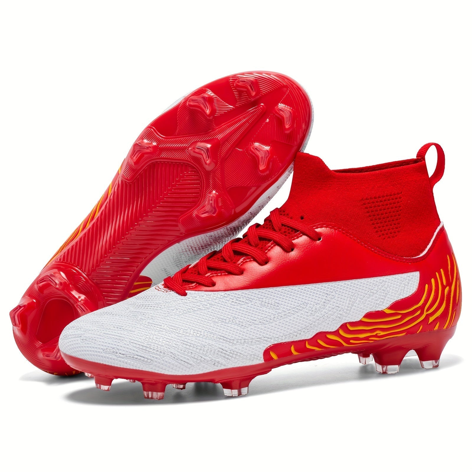 Rote und weiße Fußballschuhe mit Stollen, dynamisches Design, ideal für Rasenplätze. Hochwertige Sportschuhe für optimale Leistung.