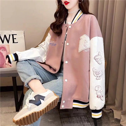 Damen-Baseballjacke mit Cartoon-Print und langen Ärmeln