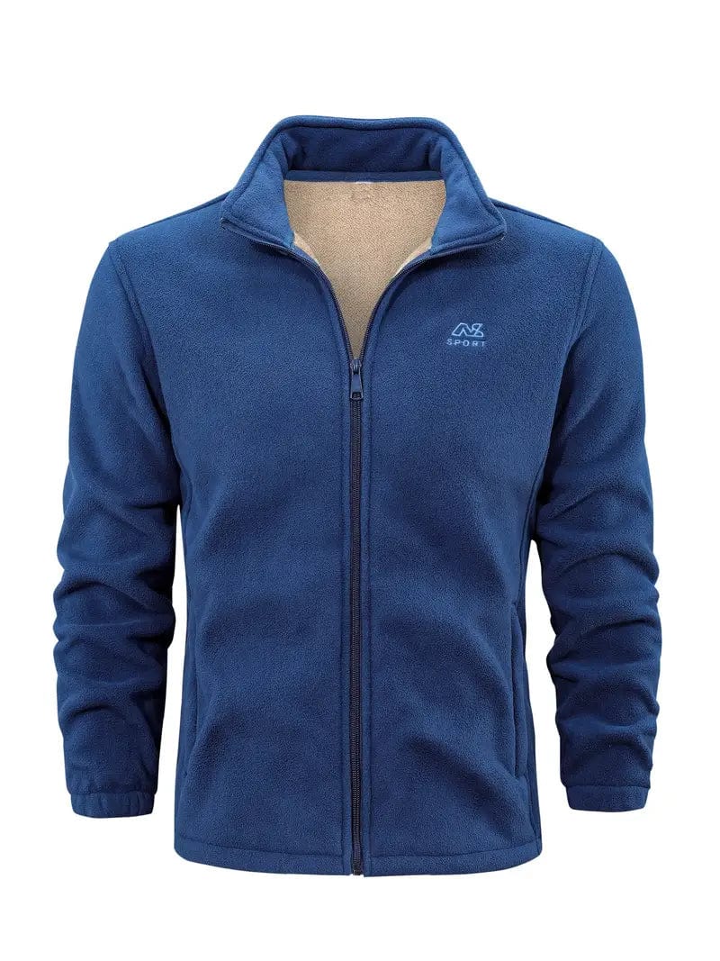 Blaue Fleecejacke mit Reißverschluss und Stehkragen, ideal für Outdoor-Aktivitäten. Weiches Material, sportliches Design, warm und bequem.