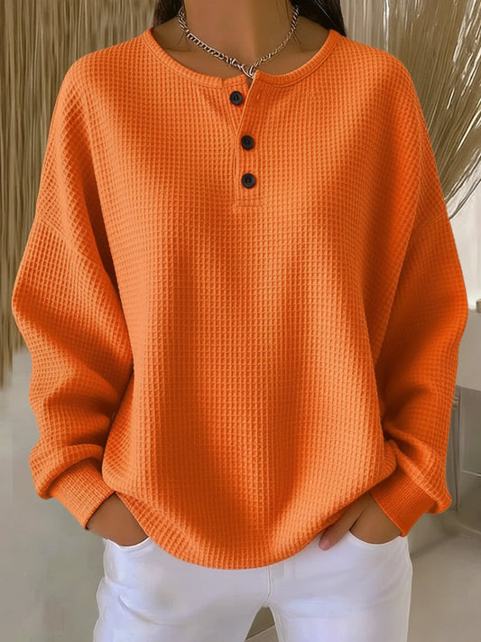 Damen Sweatshirt Mit Henley-Ausschnitt Und Waffelstruktur