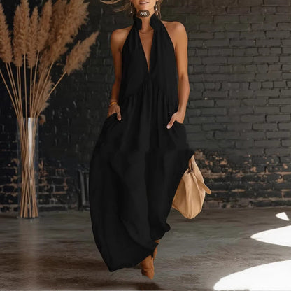 Damen-Kleid Im Resort-Stil Mit Stehkragen Und Knopfleiste – Baumwoll-Leinen-Mischgewebe