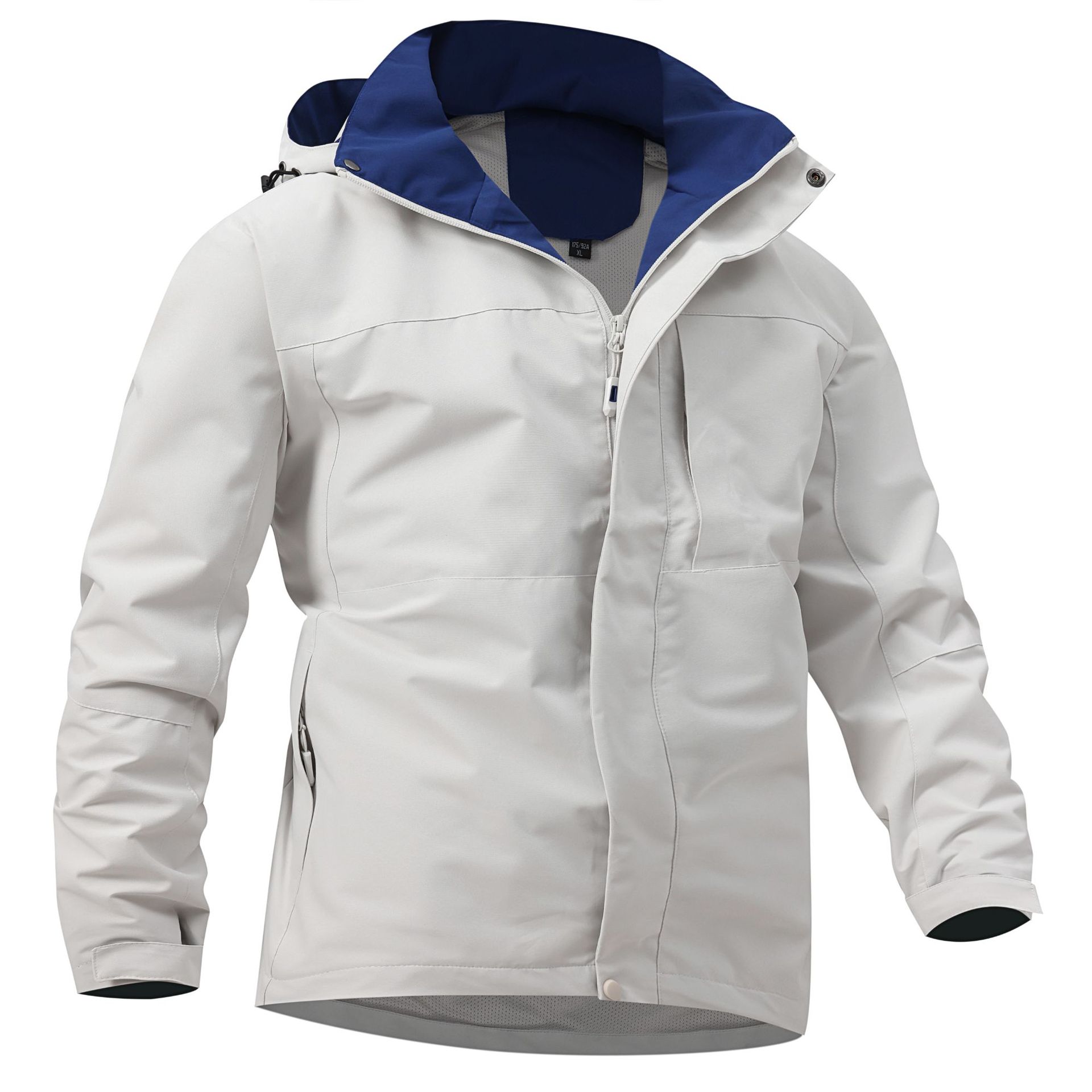 Weiße Herren-Windjacke mit blauer Kapuze, Reißverschluss und Taschen. Wetterfeste Outdoor-Jacke, ideal für Wandern und Freizeitaktivitäten.