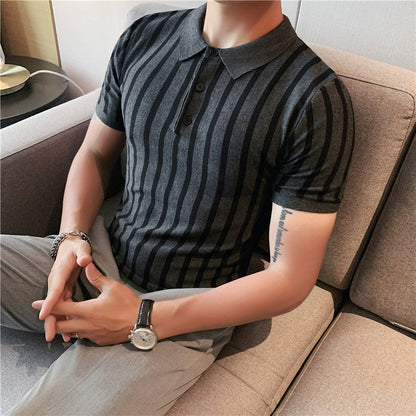 Herren Poloshirt Mit Breiten Streifen Und Kurzen Ärmeln, Hochelastisch