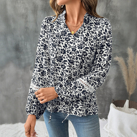 Women's V-neck Shirt with Floral Pattern, Lace-up Detail, and Lantern Sleeves