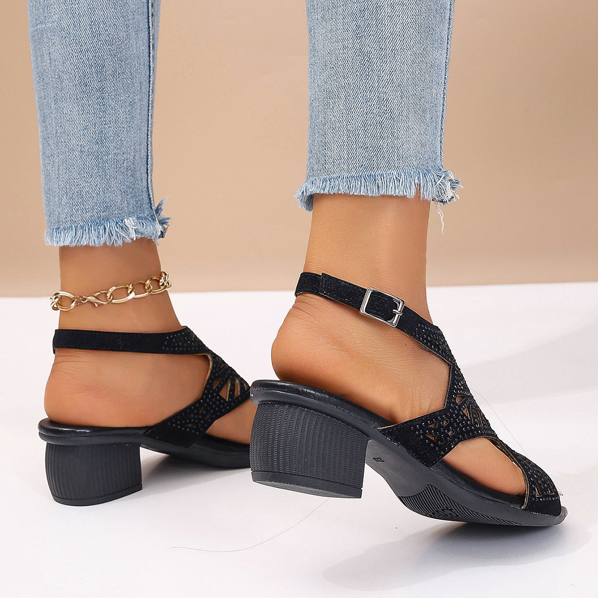 Damen-Sommersandalen Mit Blockabsatz, Offener Zehenpartie, Strassschnalle