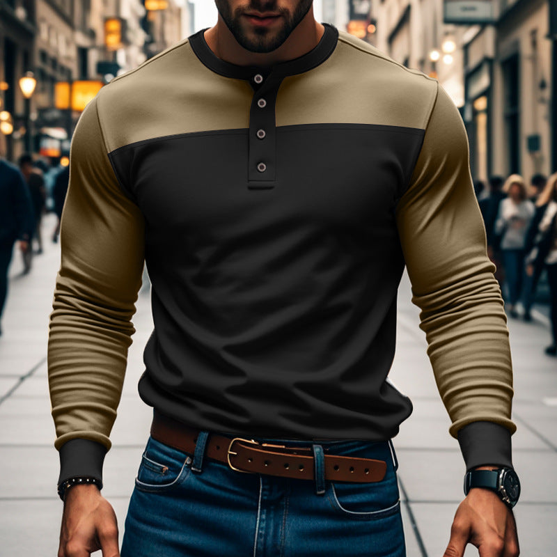 Herren Langarm-Henley-Shirt Color-Block – Baumwoll-Mix