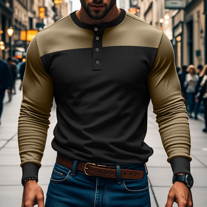 Herren Langarm-Henley-Shirt Color-Block – Baumwoll-Mix