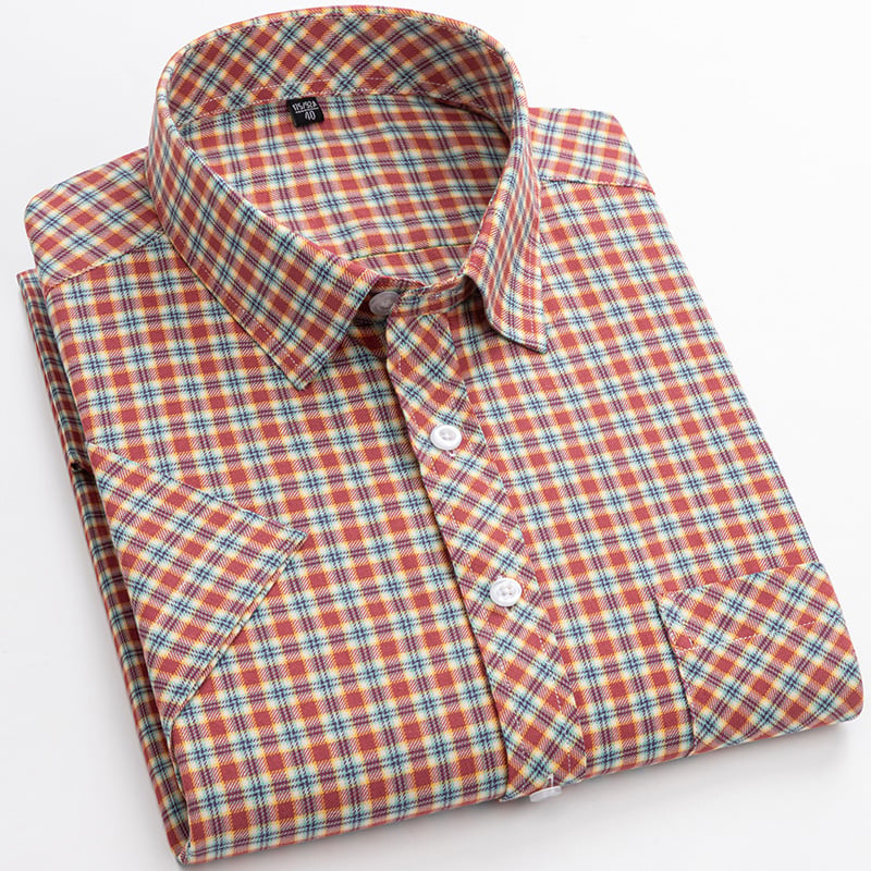 Men's Short-Sleeve Shirt with Check Pattern and Button Placket – Cotton Blend