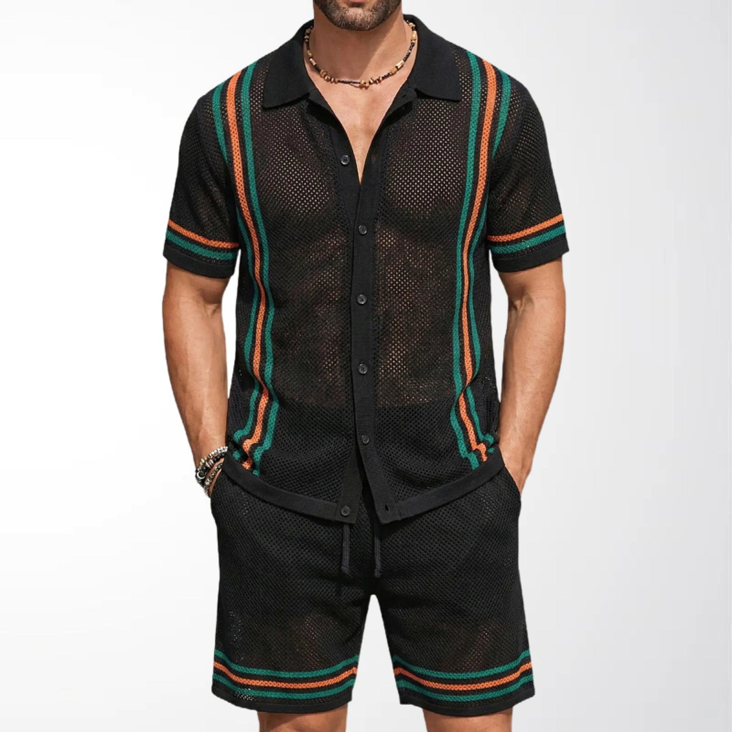 Men's Polo Shirt and Shorts, Two-Piece Set of Knit Sweater and Shorts