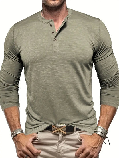 Herren Langarm Henley T-Shirt Mit Knopfleiste