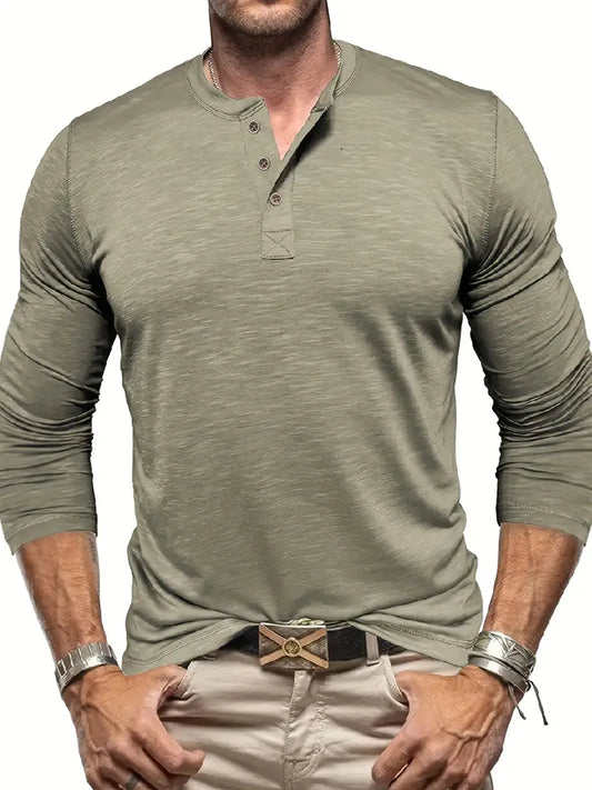 Herren Langarm Henley T-Shirt Mit Knopfleiste