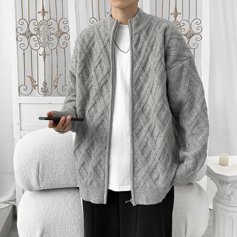 Herren Winter Strickjacke Stehkragen Zopfmuster Langarm – Woll-Mischung