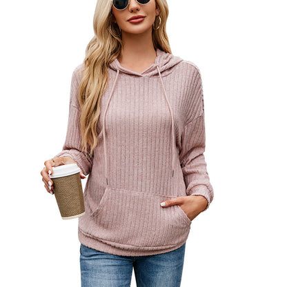 Women's hooded sweater with long sleeves, striped pattern, and kangaroo pocket