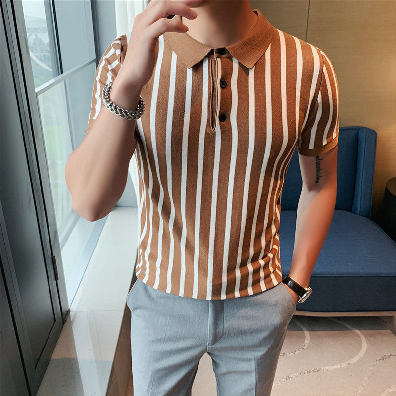 Herren Poloshirt Mit Breiten Streifen Und Kurzen Ärmeln, Hochelastisch