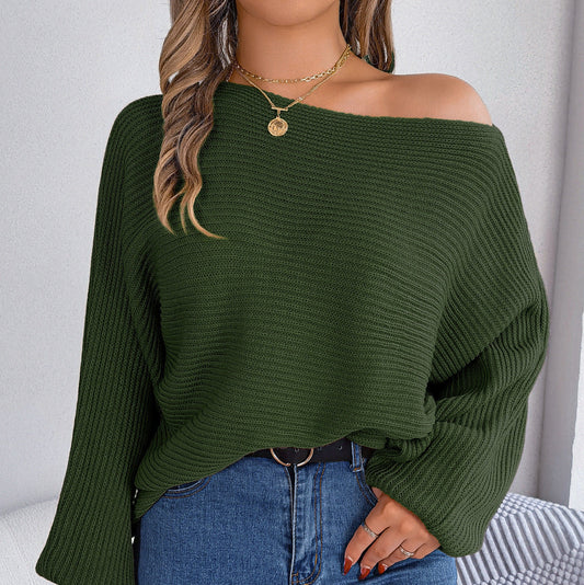 Damen Pullover mit Uni-Farbe und Fledermausärmel
