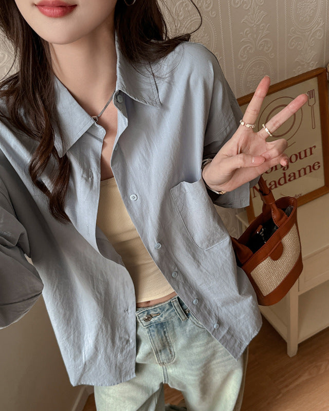 Women's Long-Sleeve Shirt in Solid Color with Loose Fit and Extended Size Options