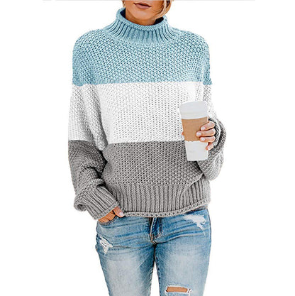 Damenpullover mit hohem Kragen, langen Ärmeln und Colorblock-Strickdesign