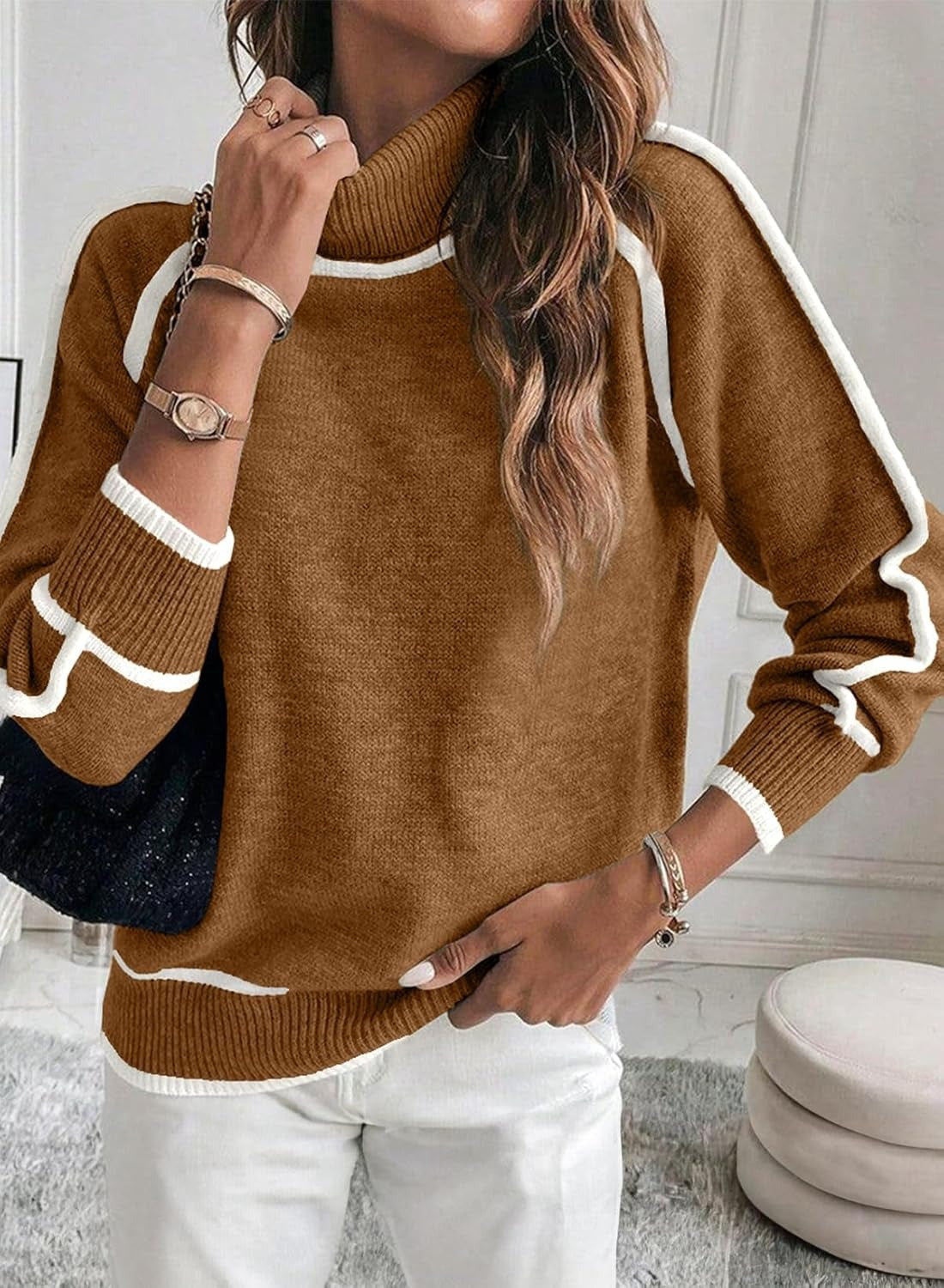 Women's sweater with high collar, solid color, knitted, with long sleeves