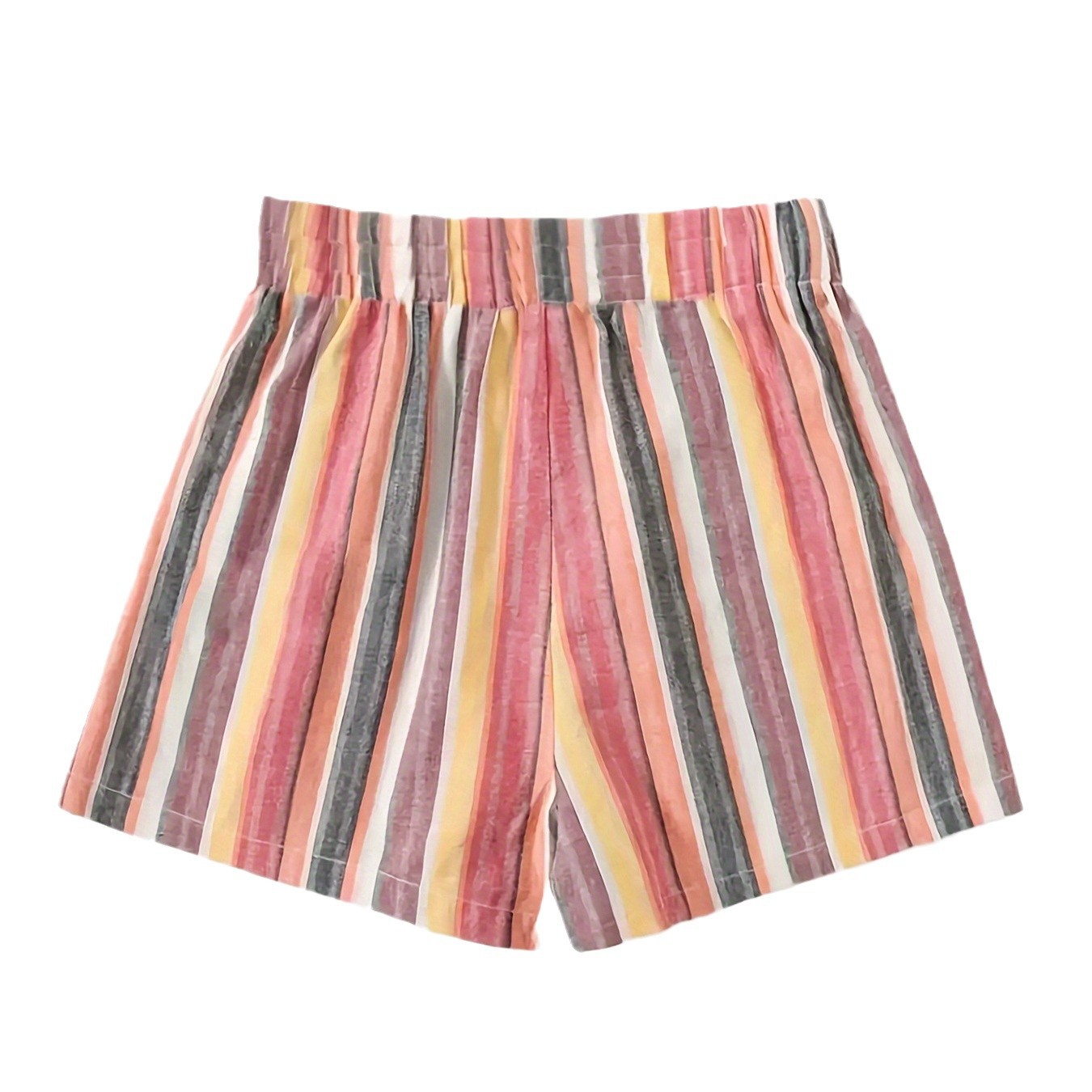 Gestreifte Damen-Shorts in Rosa, Gelb und Grau, elastischer Bund, sommerlich, modisch, bequem, ideal für Freizeit und Strand.