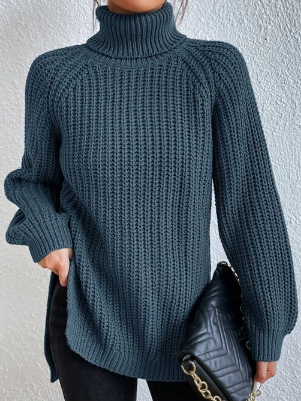 Women's Turtleneck Sweater with Raglan Sleeves and Slit Hem – Cotton Blend