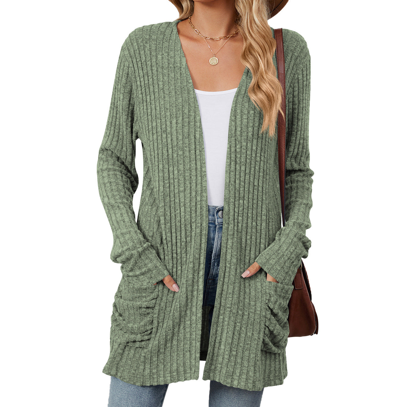 Women's knitted jacket with long sleeves, plain, with pockets