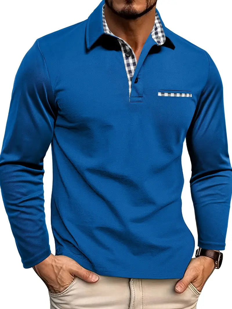 Herren Langarm Poloshirt Mit Kariertem Kragen Und Tasche