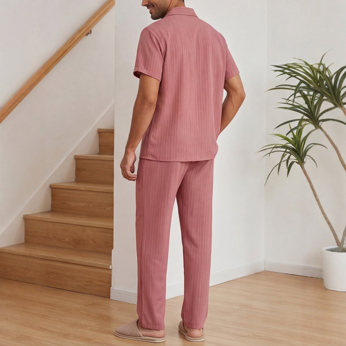 Herren Kurzarm-Loungewear-Set Mit Streifen, Bestehend Aus Langer Hose, Hemd Und Knopfleiste, Leichtes Zweiteiliges Outfit