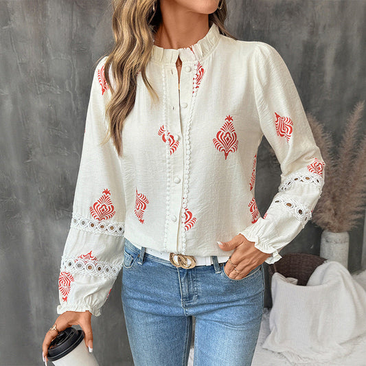 Women's Long-Sleeve Shirt with Ethnic Pattern and Standing Collar