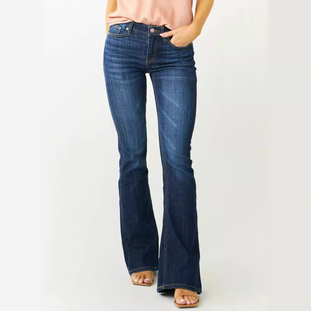 Women's flared jeans with mid-rise waist and fashionable bootcut design