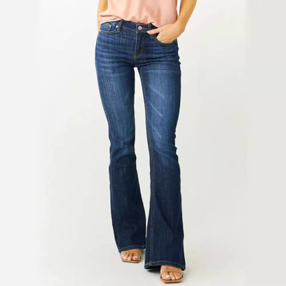Women's flared jeans with mid-rise waist and fashionable bootcut design