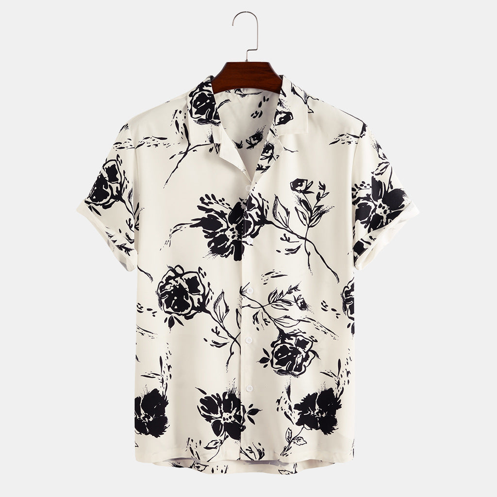 Herren Sommer Hemd mit Blumenmuster – Kurzarm Schmale Passform Knopfleiste