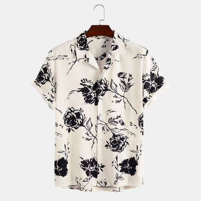 Herren Sommer Hemd mit Blumenmuster – Kurzarm Schmale Passform Knopfleiste