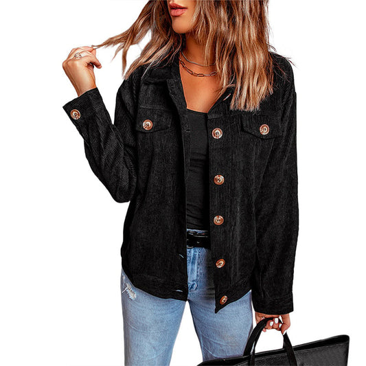 Damen Cordhemdjacke mit einreihiger Knopfleiste und langen Ärmeln