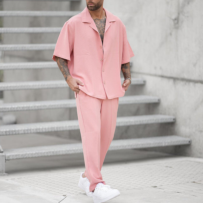 Men's Summer Two-Piece Set Shirt and Pants, Woven, Lightweight, Solid Color, Matching Outfit, Various Sizes
