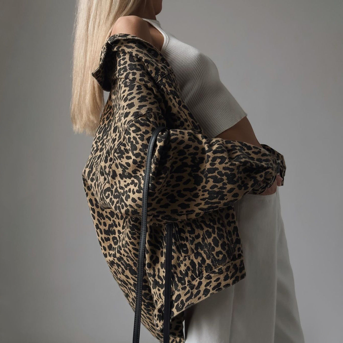Women's denim-mix jacket with leopard print and long sleeves