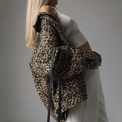 Women's denim-mix jacket with leopard print and long sleeves