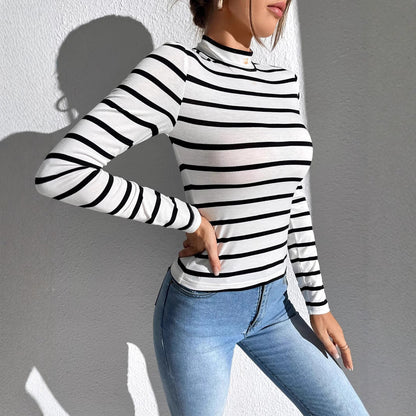Women's shirt without collar with round neckline, long sleeves, and striped pattern
