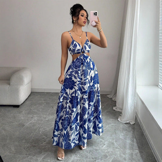 Damen Maxikleid mit Blumenmuster – Neckholder Ärmelloses Design